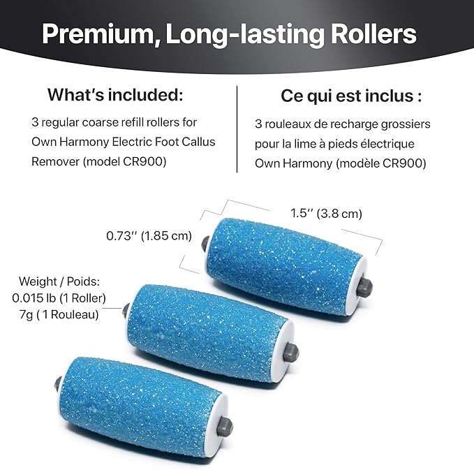 Own Harmony Refill Rollers Best Fit for Electric Callus Remover CR900 - Foot Care for Healthy Feet - Pedicure File Tools - Replacement 3 Pack (Regular Coarse, Blue)