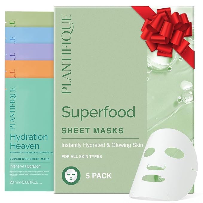 PLANTIFIQUE Superfood Facial Sheet Mask Variety Box 5 Pack – Face Mask Set with Coconut, Aloe, Vitamin C, Centella & Collagen – Hydrating & Refreshing – For All Skin Types