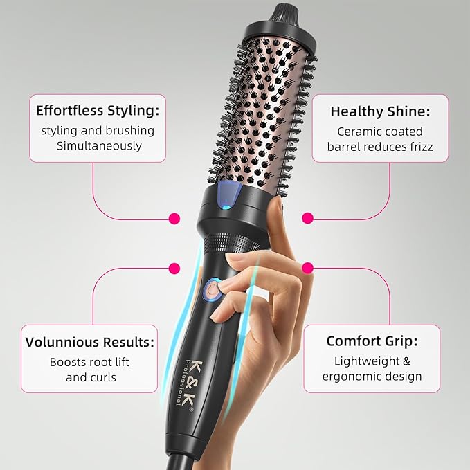 K&K Heated Curling Brush - 1.5 Inch Ceramic Tourmaline Ionic Volumizing Hot Brush for Root Volume & Loose Curls (Black)