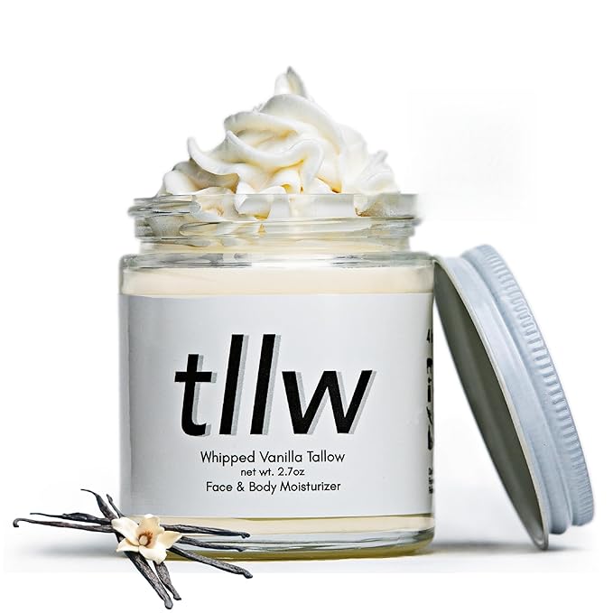 100% Grass Fed Beef tallow for face and body, Whipped Tallow Balm Moisturizer with Organic Jojoba Oil & Manuka Honey (2.7 oz, Vanilla Scented)