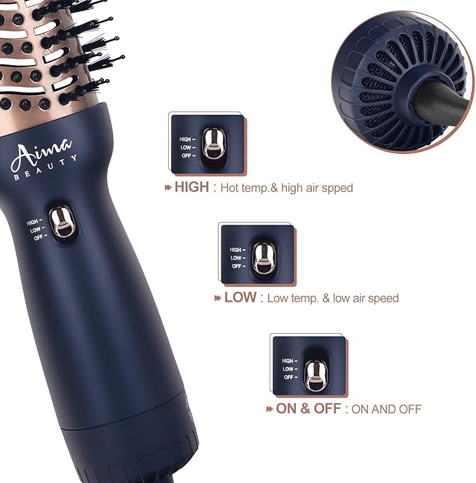 Aima Beauty Worldwide Travel Hair Dryer Brush 110-240V Dual Voltage Blow Dryer Brush Hot Air Brush Oval Barrel 360° Hot Airflow, Negative Ionic Frizz-Free Dry/Straightening/Voluming,Prussian Blue