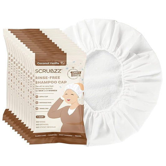 Scrubzz Shampoo Caps No Rinse for Elderly and Bedridden Patients, Rinse Free Shampoo Caps for Post Surgery and Hospital Stays, Waterless Hair Washing Shower Caps - Coconut Vanilla - 12 Pack