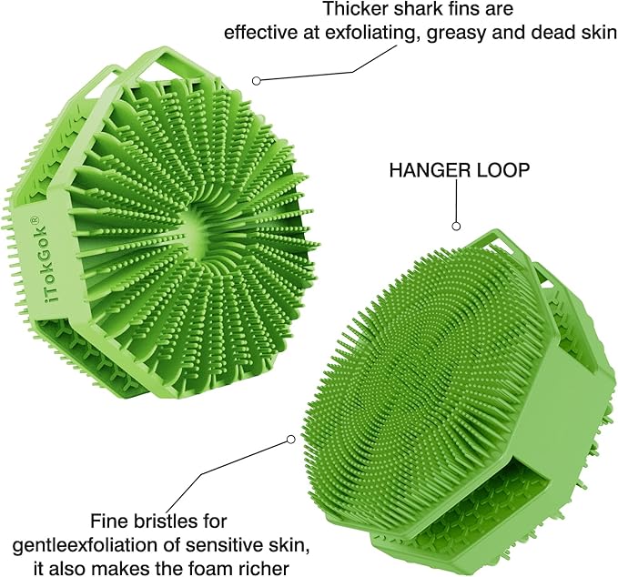 iTokGoK® Premium Silver-Infused Double-Sided Design 2-in-1 Silicone Body Scrubber for Men,Body Buffer Scrubber for Sensitive Skin, Ergonomic No-Slip Handle, Long-Lasting & Easy to Clean - Green