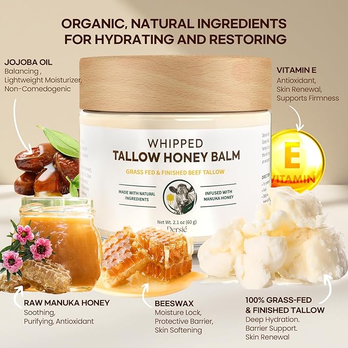 Dersie Tallow and Honey Balm for Face: 100% Grass-Fed Whipped Tallow Balm with Manuka Honey for Dry, Sensitive & Mature Skin – Deep Hydration & Soothing – Suitable for Women, Men & Kids (2.1 oz)