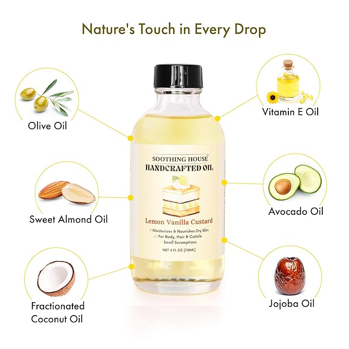 Lemon Vanilla Custard Oil with All-Natural Moisturizing Body Oil for Soft, Glowing Skin with Almond & Jojoba Oil (4 fl oz)