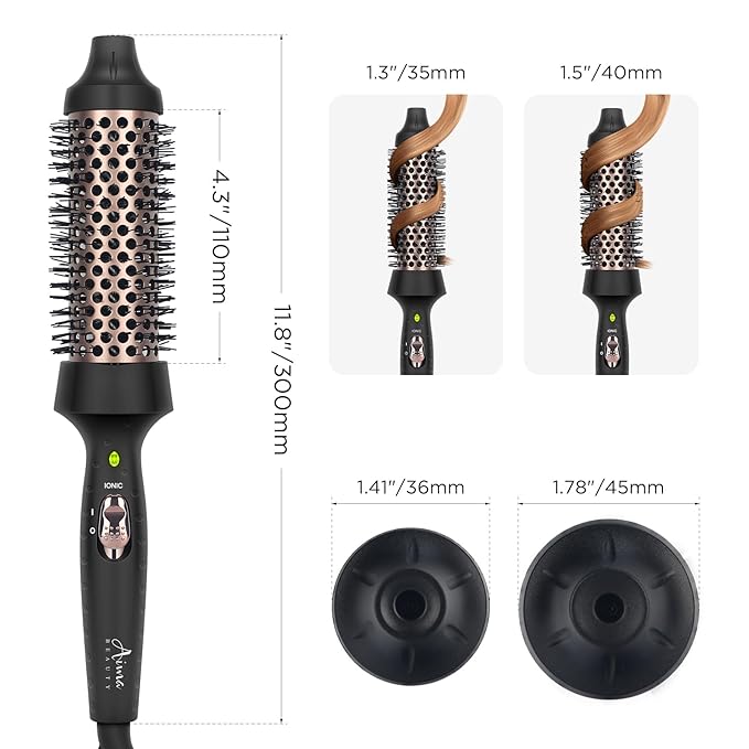 Aima Beauty Hair Curling Iron Brush, 1.5" Ceramic Hot Brush for Loose Curls, Dual Voltage & 60Mins Auto-Off, Black