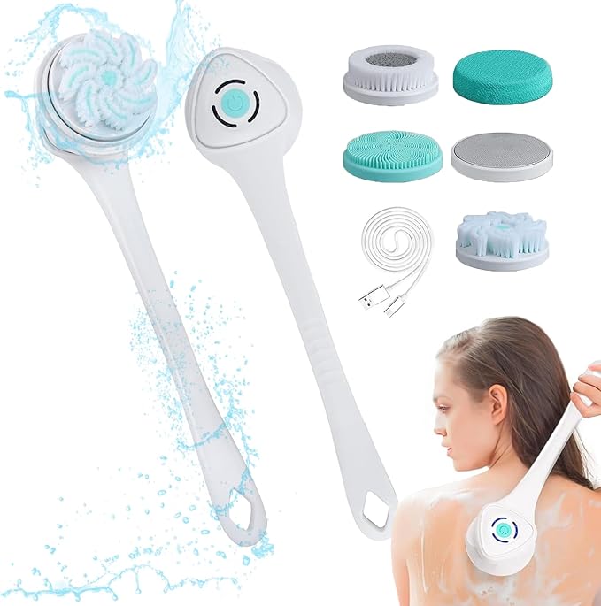 Electric Body Scrubber for Shower - Rechargeable Waterproof Exfoliating Brush with 5 Replaceable Brush Heads, Deep Cleansing & Massage, Ideal for Sensitive Skin & Back Cleanser