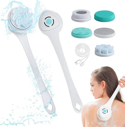 Electric Body Scrubber for Shower - Rechargeable Waterproof Exfoliating Brush with 5 Replaceable Brush Heads, Deep Cleansing & Massage, Ideal for Sensitive Skin & Back Cleanser