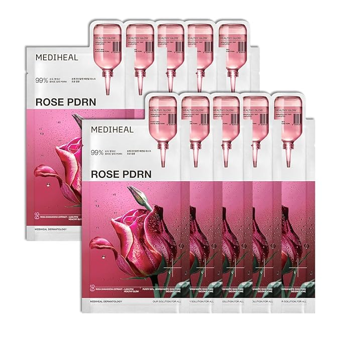 Mediheal Rose PDRN Essential Sheet Mask 10 pcs. 99% Pure White Rose PDRN & Hyaluronic Acid for hydrating, firming, and enhancing moisture barrier, skin firmness, and glow. Vegan formula