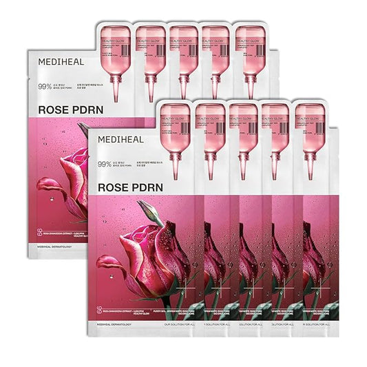 Mediheal Rose PDRN Essential Sheet Mask 10 pcs. 99% Pure White Rose PDRN & Hyaluronic Acid for hydrating, firming, and enhancing moisture barrier, skin firmness, and glow. Vegan formula