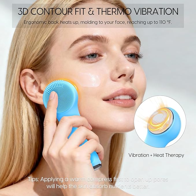 Silicone Facial Cleansing Brush, Portable Electric Face Scrubber with Heat and Vibration, 3 Modes Adjustable, Waterproof IPX6, USB-C Rechargeable, Deep Cleansing, Exfoliating and Massage