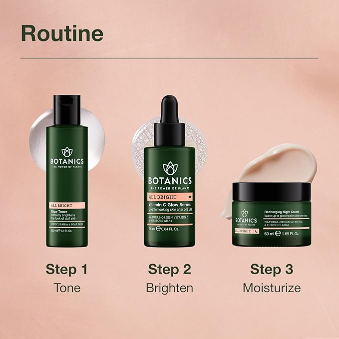 Botanics All Bright Glow Toner for Face - Enriched with Hibiscus AHA Exfoliant & Soap Bark - Non-Drying & Brightening - Vegan and Cruelty-Free Face Toner for Women & Men (8.4 Fl Oz)