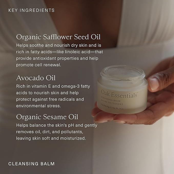 Oak Essentials Cleansing Balm | Makeup Remover Face Cleanser with Avocado Oil, Juniper & Safflower Seed Oil, 1.4 Oz