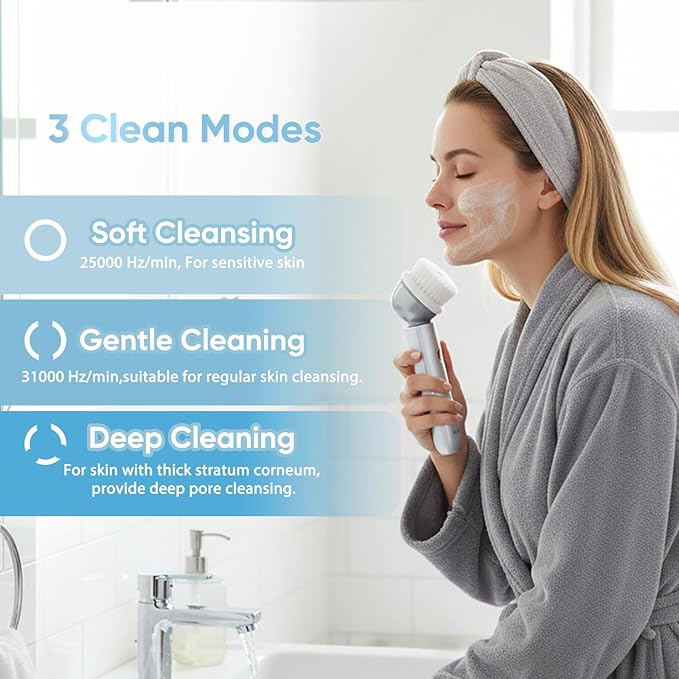 KINGDO Sonic Facial Cleansing Brush, Electric Face Scrubber with 3 Cleaning Modes, IPX7 Waterproof face Brushes for Cleansing with 2 Magnetic Brush Heads, Rechargeable Battery for All Skin Types