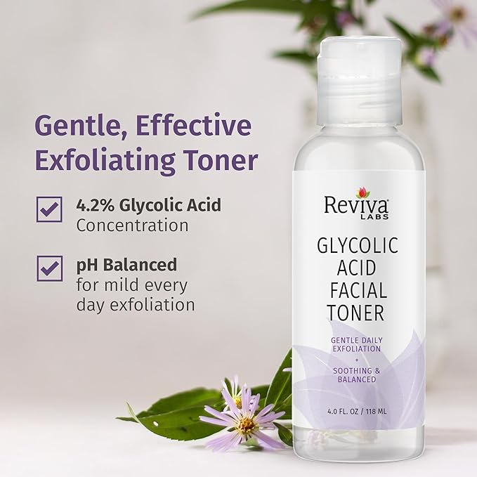 Reviva Labs Glycolic Acid Toner – Gentle Face Exfoliator Non-Stinging & pH-Balanced Toning Solution with 4.2% Glycolic Acid – Hydrating Toner for Face, Leaves Skin Radiant & Refreshed – 4 fl oz