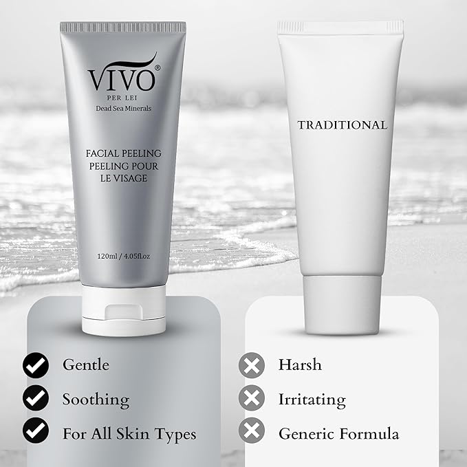 Vivo Per Lei Facial Peeling Gel - Contains Dead Sea Minerals and Nut Shell Powder - Gentle Face Exfoliator Scrub and Blackhead Remover - Peel Your Skin to a Fresher You - 4.05 Fl oz.