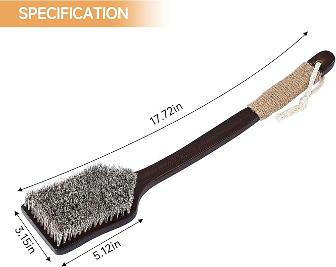 Back Scrubber Shower Brush,Dry Brushing Body Brush with 17.7 Inch Curved Long Handle, Natural Bristles for Lymphatic Drainage, Soft & Stiff Bristles Available (Stiff-Thick Boar Bristles)