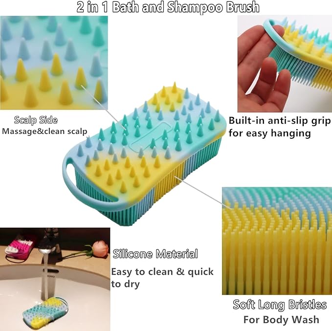 2Pack Dual Sided Silicone Body Scrubber for Exfoliating, Shower&Scalp Massage, 2 in 1 Bath&Shampoo Brush,Soft Body Exfoliator Silicone Loofah Shower Scrubber Brush for All Kinds of Skin