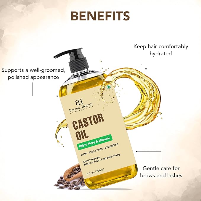 Botanic Hearth 100% Pure & Natural Castor Oil with Massager for Hair Growth (8 fl oz)| Infused with Cold Pressed Castor Hair Oil |Repairs Dry Damaged Hair, Strengthening, Healthier Hair