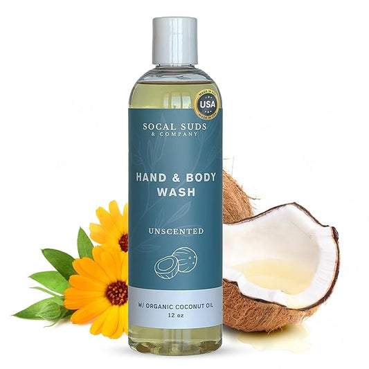 SoCal Suds & Company - 12oz Organic Soap Liquid, Gentle Hand & Body Wash, Organic Body Wash for Men and Women, Made w/Organic Oils & Coconut Oil, Bath Essentials for All Skin Types - Fragrance-Free