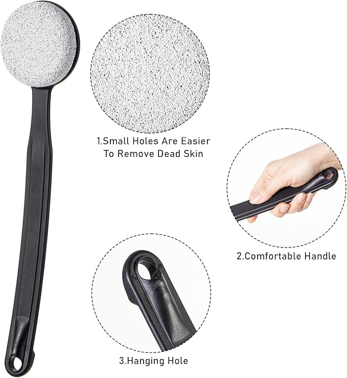 Pumice Stone for Feet with Long Handle 13.7", Hard Skin Callus Remover, Scrubber and Exfoliator for Dead Dry Skin, Softer & Smoother Feet, Pedicure Tool (Curved) Black