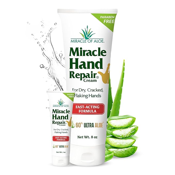 Miracle Hand Repair Cream for Dry Cracked Hands (8 oz & 1 oz) Best Healing Hand Cream with 60% Aloe Vera - Non-Greasy Moisturizer for Working Hands - Fast Absorbing Lotion for Extremely Dry Skin