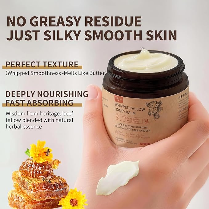 Beef Tallow for Skin, Beef Tallow Honey Balm-100% Organic Grass-Fed-handmade Whipped-Face & Body Moisturizer cream，with Manuka Wild Honey, Natural Skin Care for Sensitive, Dry Skin, Body Lotion. 2oz