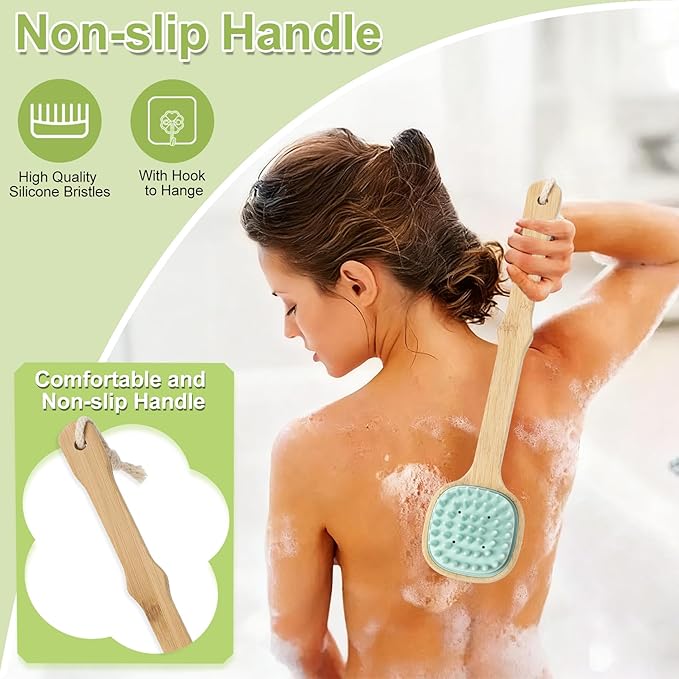 Silicone Back Scrubber for Shower, 2 PCS Silicone Bath Body Brush Loofah with Long Handle, Dual-Sided Shower Brush for Body, Exfoliating Body Scrubber Back Washer for Men Women(Lake Blue +Green)