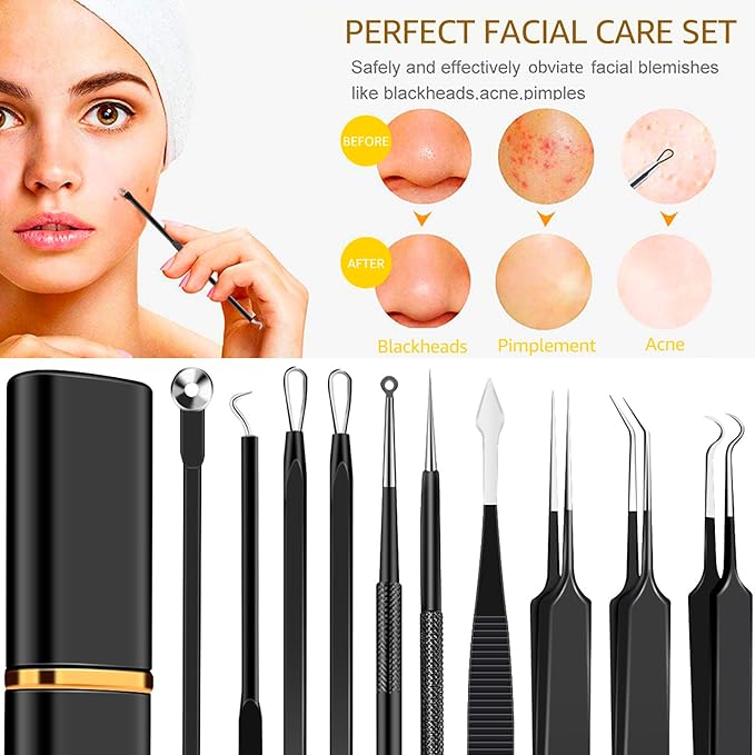 40pcs Pimple Popper Tool Kit Stainless Steel Blackhead Remover Tool Comedones Extractor for Forehead Facial Nose Lightweight Acne Needle Tool with Metal Case for Travel Home Use