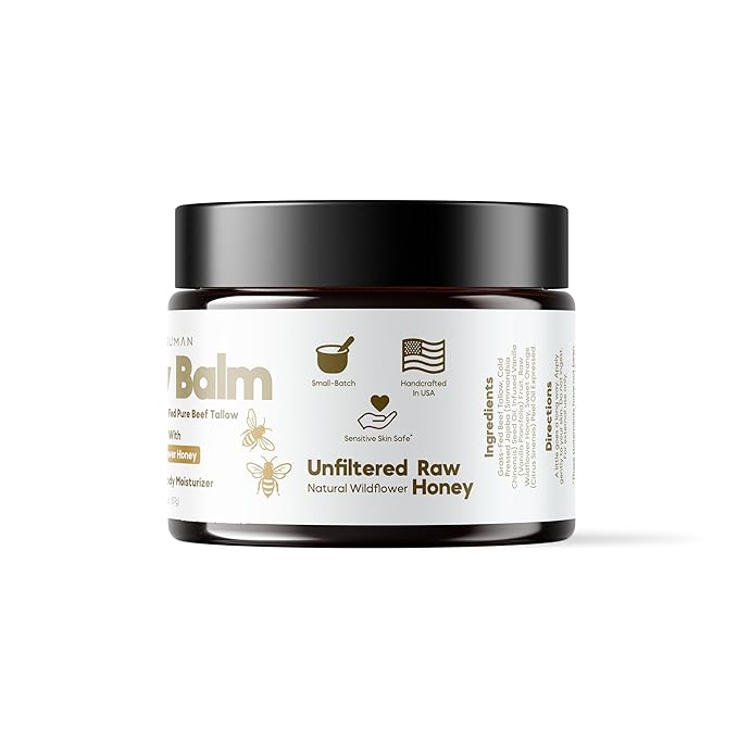 O H Grass-Fed Tallow Balm With Raw Honey - For Sensitive, Dry Damaged Skin - Face, Hand, and Body Moisturizer - Optimal Human