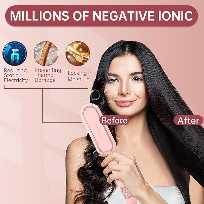 Negative Ionic Hair Straightener Brush with 9 Temp Settings, 30s Fast Heating Hair Straightening Comb with LED Display, Anti-Scald & Auto-Shut Off Hair Brush Straightener for Women (Pink)