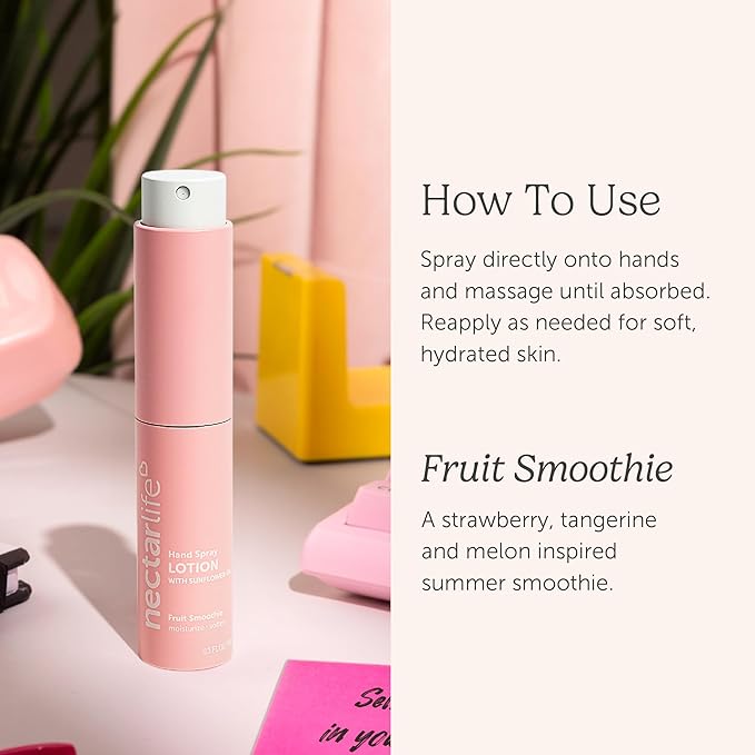 Nectar Life Hydrating Hand Spray Lotion, Fruit Smoothie Scent, 10ml Travel Size – Lightweight, Non-Greasy, TSA-Friendly Moisturizing Mist,