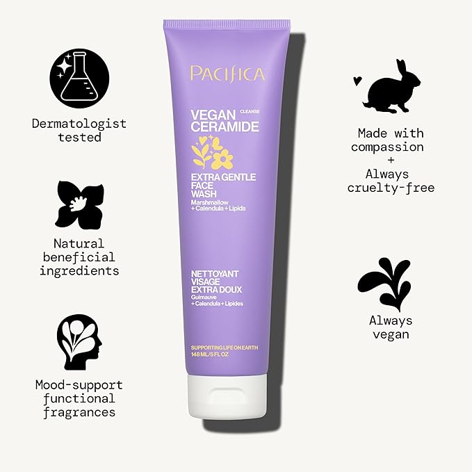 Pacifica Face Wash for Sensitive Skin Facial Cleanser Vegan Ceramide Barrier Repair Extra Gentle for Daily Fragrance Free for Sensitive Skin, Clean Beauty, Vegan & Cruelty-Free Dermatologist Tested