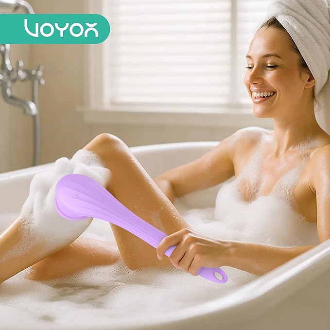 VOYOR Electric Body Brush Back Scrubber Silicone Body Scrubber Two-Way Rotating Brush Head for Deep Cleaning, Exfoliation, 4 Attachments Long Handle IPX6 Rechargeable Shower Brush BC300 (Purple)