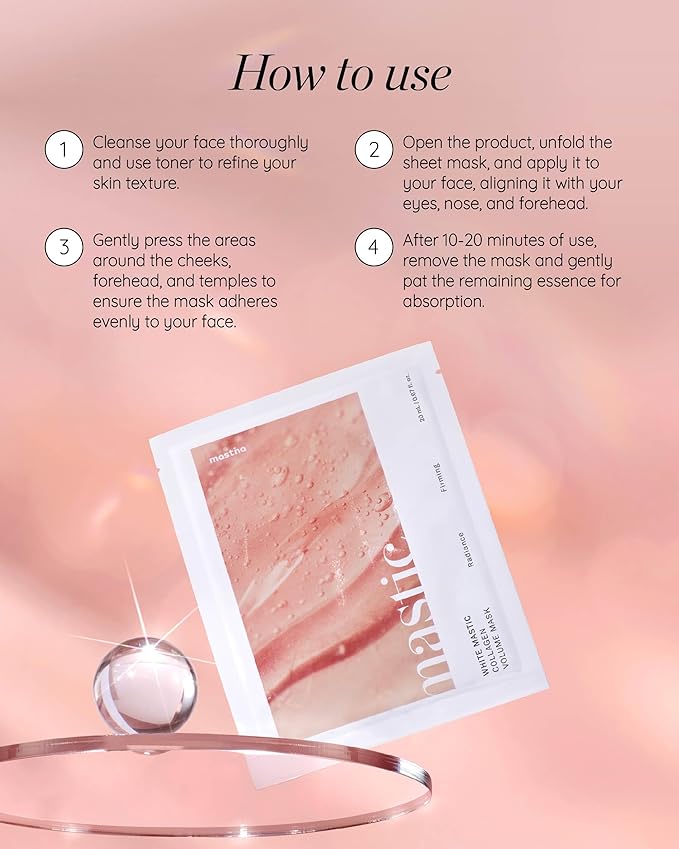 MASTINA White Mastic Collagen Face Sheet Mask (4 Pack), Korean Anti-Aging Treatment for Firming & Lifting, with Hyaluronic Acid for Deep Hydration, Visibly Plumps & Reduces Appearance of Sagging Skin