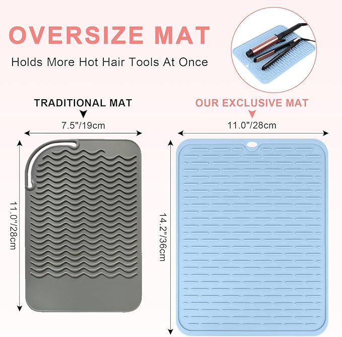 Oversize Silicone Heat Resistant Mat for Curling Irons, Flat Irons, Hair Straighteners and Hot Hair Styling Tools, Portable Hot Tools Cover Pad for Travel Vanity Salon(14.2" x 11.0")