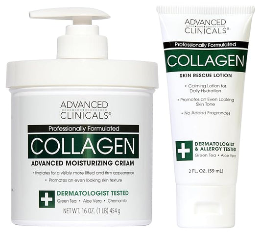 Advanced Clinicals Collagen Cream Body Lotion & Face Moisturizer | Skincare Anti Aging Collagen Lotion For Women, Men, Hand, & Neck Improves Look Of Crepe Skin & Uneven Dry Skin, 16Oz + Travel Size