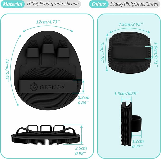 Soft Silicone Bath Glove & Face Scrubber Set 2PCS, 360° Anti-Slip & Hand-fit Body Scrubber for Rich Foaming Deep Cleaning, Unique Facial Scrubber with Side-bristles for Contoured Areas.(Black)