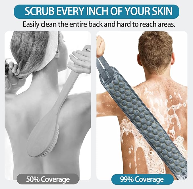 Inmorven Back Scrubber for Shower Exfoliating Body Scrubber 40 inch Double-Sided Back Exfoliator Scrub Towel, Bath Body Brush Widened Back Washer with Handle for Men and Women (Grey)
