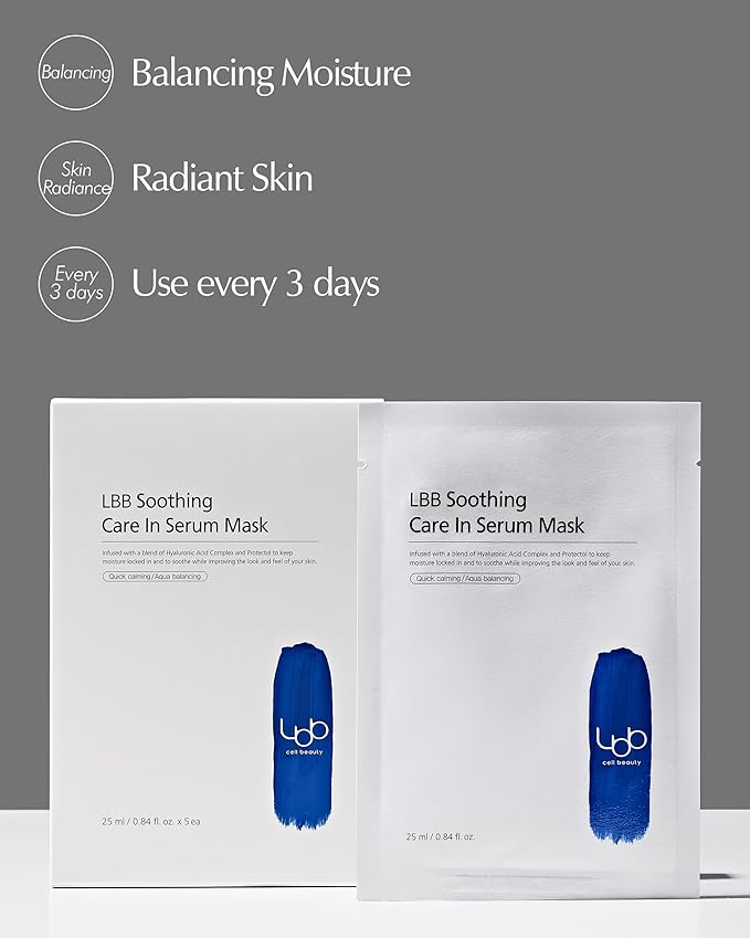 LBB Soothing Care In Serum Mask - Hypoallergenic Face Mask Sheet for Calming, Moisturizing - Vegan Paper Mulberry Sheet - Protectol, Hyaluronic Acid, 5 Sheet