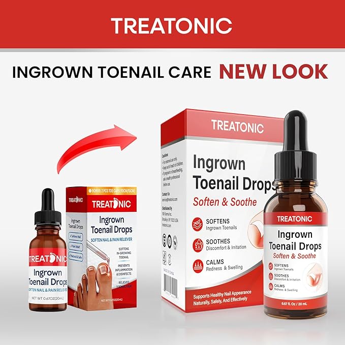 Treatonic Ingrown Toenail Treatment - Ingrown Toenail Pain Reliever and Softener Kit for Easy Trimming with Silicone Gel Toe Caps