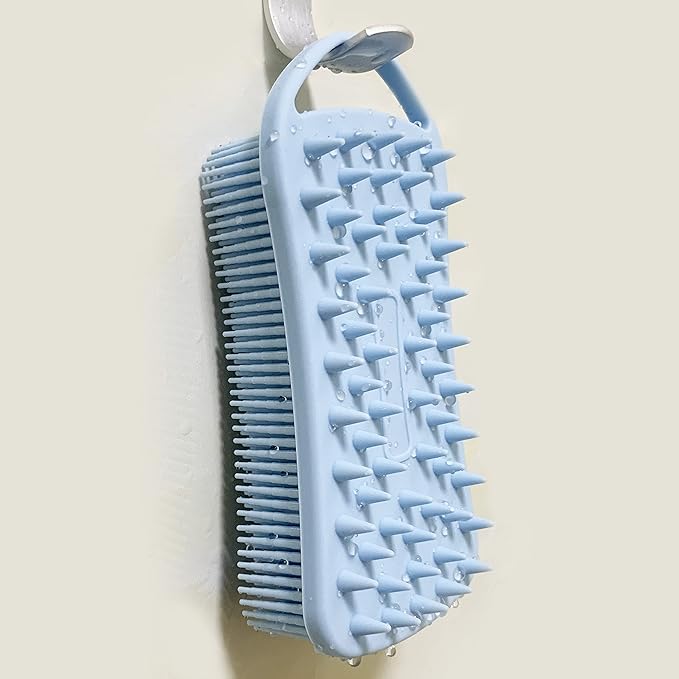 2 PC Silicone Body Scrubber, 2 in 1 Exfoliating Shower Bath Scrubber, Soft Silicone Loofah for Sensitive Skin, Shower Hair Scalp Massager, Easy to Clean, Lather Well (Blue&Black)