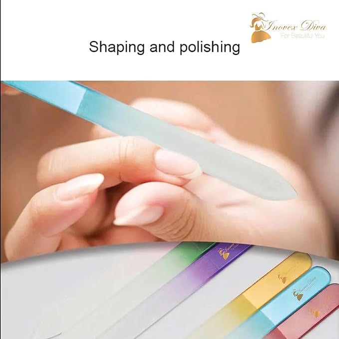 6 Pack Crystal Glass Finger nail File with PU Leather Bag, Professional Czech Glass acrylic Nail File & Nail Buffers, Nail File for Shiny, Natural & Acrylic Nails, Nail Care Tools Gifts by INOVEX Diva