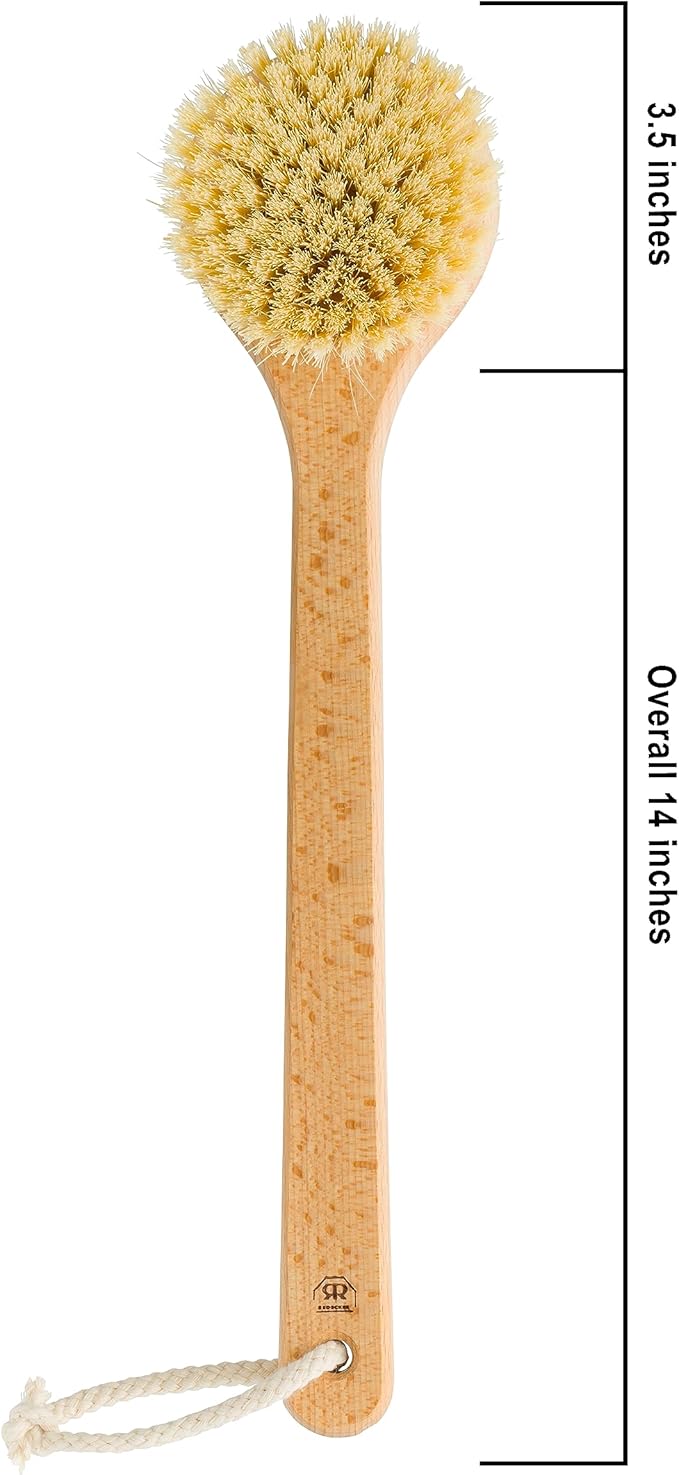 Redecker 100% Made in Germany Round Pig Bristle Bath Brush with Oiled Beechwood Handle, 14-1/5-Inches