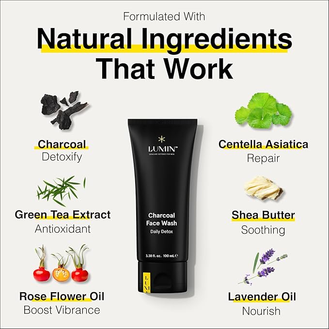 Lumin Charcoal Face Wash for Men – Daily Detox Cleanser, Hydrating Face Wash, Gently Removes Dirt & Oil, Unclogs Pores, Exfoliates, Refreshing Skincare for All Skin Types, 3.4oz