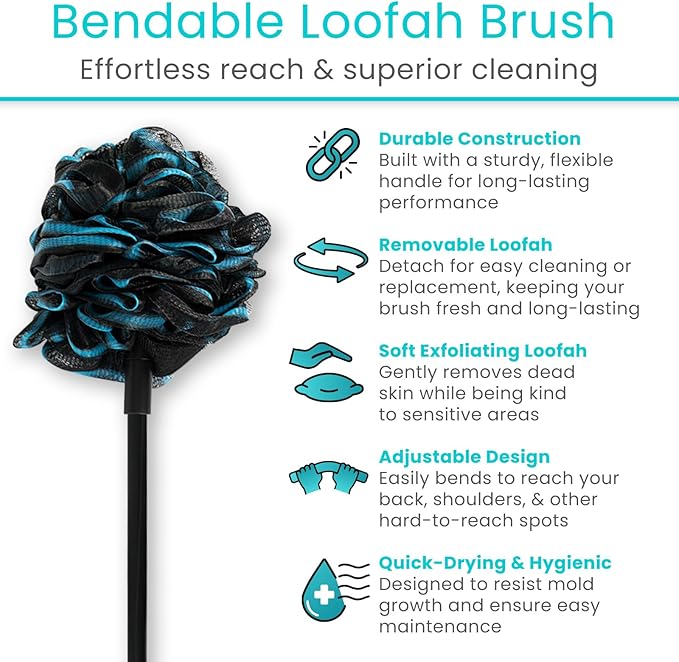 Vive Bendable Loofah on a Stick with Long Handle - Body Exfoliator Luffa & Long Handled Sponge - Back Scrubber & Bath Brush Lufa for Shower, Women, Men, Elderly - Handheld Loofa & Wall Hook Included