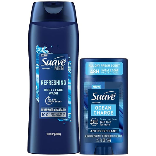 Suave Men’s Body Wash, Refresh + Invisible Solid Ocean Charge Antiperspirant Deodorant Stick, 48H Sweat & Odor Protection (2 Piece Set)