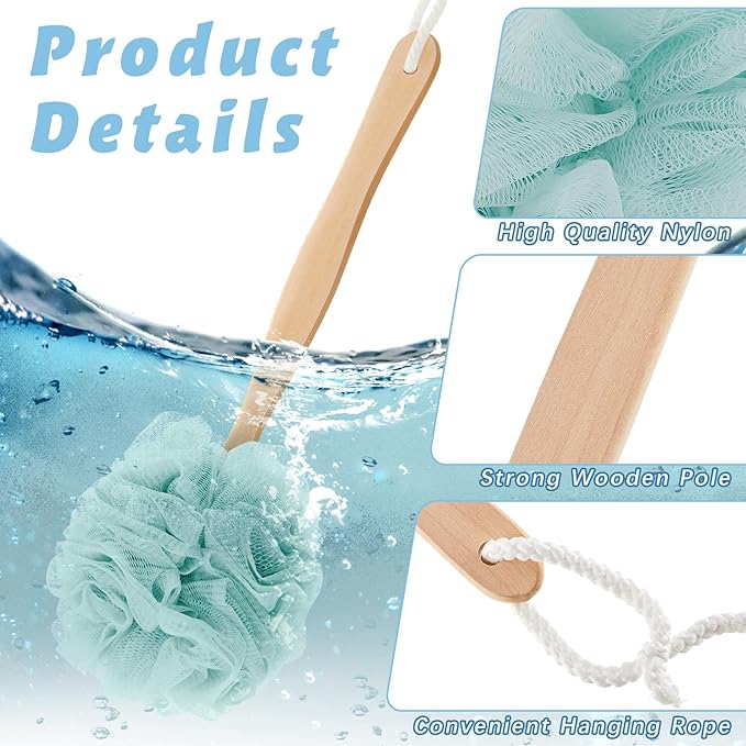 Tessco for you 12 Pcs Large Loofah on a Stick Shower Loofah with Long Handle Back Scrubber for Shower PE Body Bath Sponge Soft Spa Mesh Brush Wash Exfoliating Luffas for Men Women (Light Color)