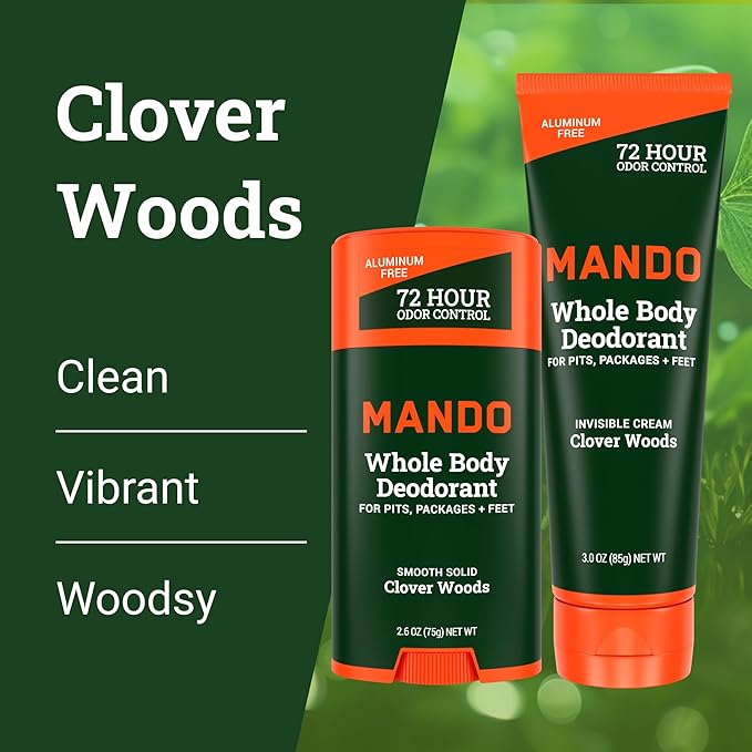 Mando Whole Body Deodorant - Invisible Cream Tube and Solid Stick - 72 Hour Odor Control - Aluminum Free, Baking Soda Free, Skin Safe - 3.0 Oz Tube and 2.6 Oz Solid Stick - Clover Woods