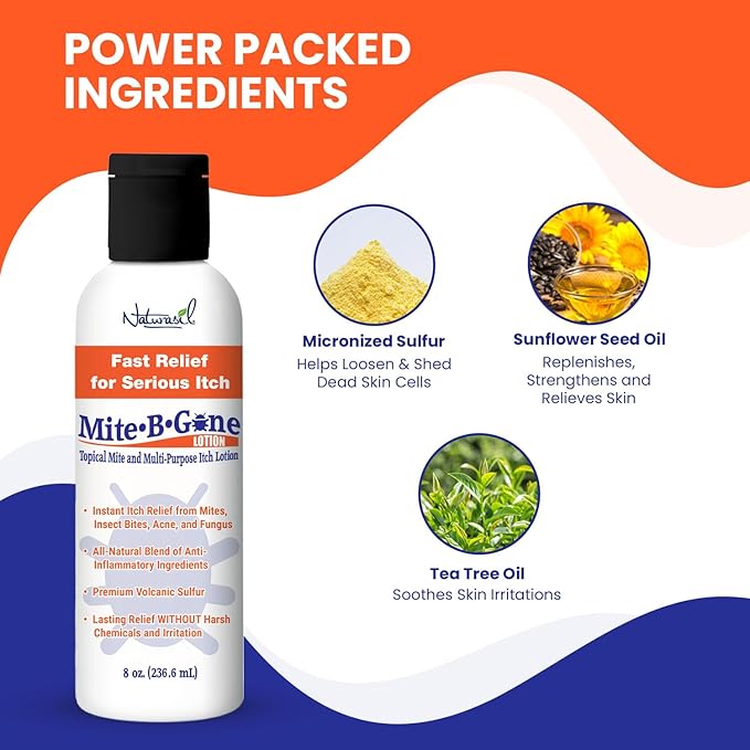 Mosquito Bite Itch Relief by Mite-B-Gone - Natural Sulfur Lotion to Stop Insect Bite Itching, Skin Redness, Discomfort & Irritation | Safe for Kids & Adults| Fast & Effective for All Skin Types| 8 oz